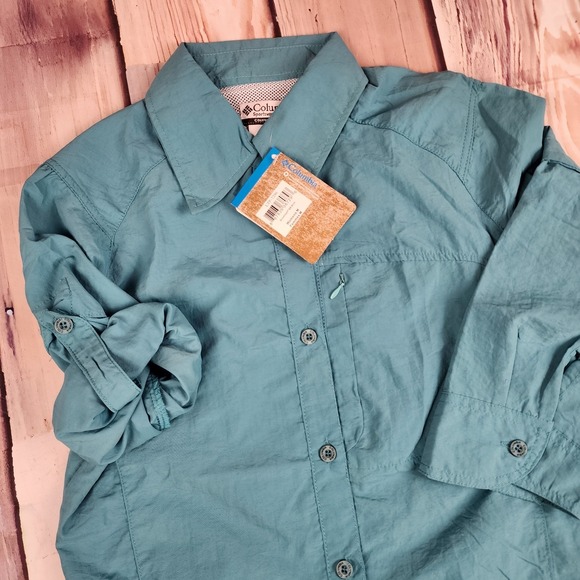 Colombia Womens‎ M Bonehead SS (3/4 Sleeve) Vented Roll Tab Fishing Shirt Teal - Picture 1 of 9